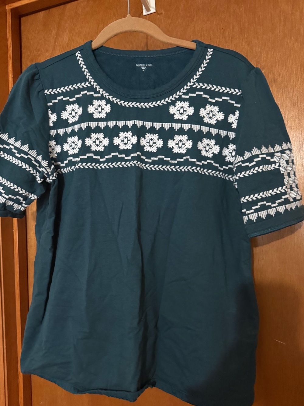 Garnet Hill- Teal Short-Sleeve Tee with White Embroidered Yoke